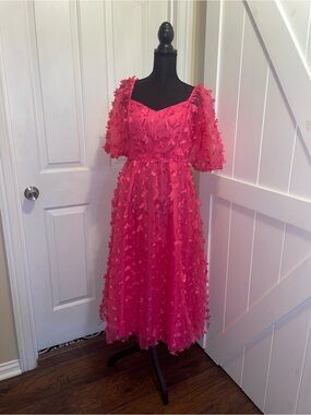 Flying Tomato Appliqué Puff Sleeve Sweatheart Neck Midi Dress In Pink Sz Medium